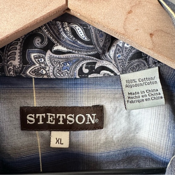 Stetson Western Shirt Men's XL Blue & White Plaid Button Up Long Sleeve Rodeo - Picture 5 of 14